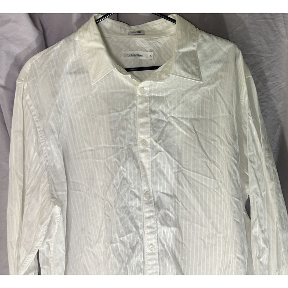 Calvin Klein White Tonal Stripe Button Up Blouse Shirt XL 100% Cotton